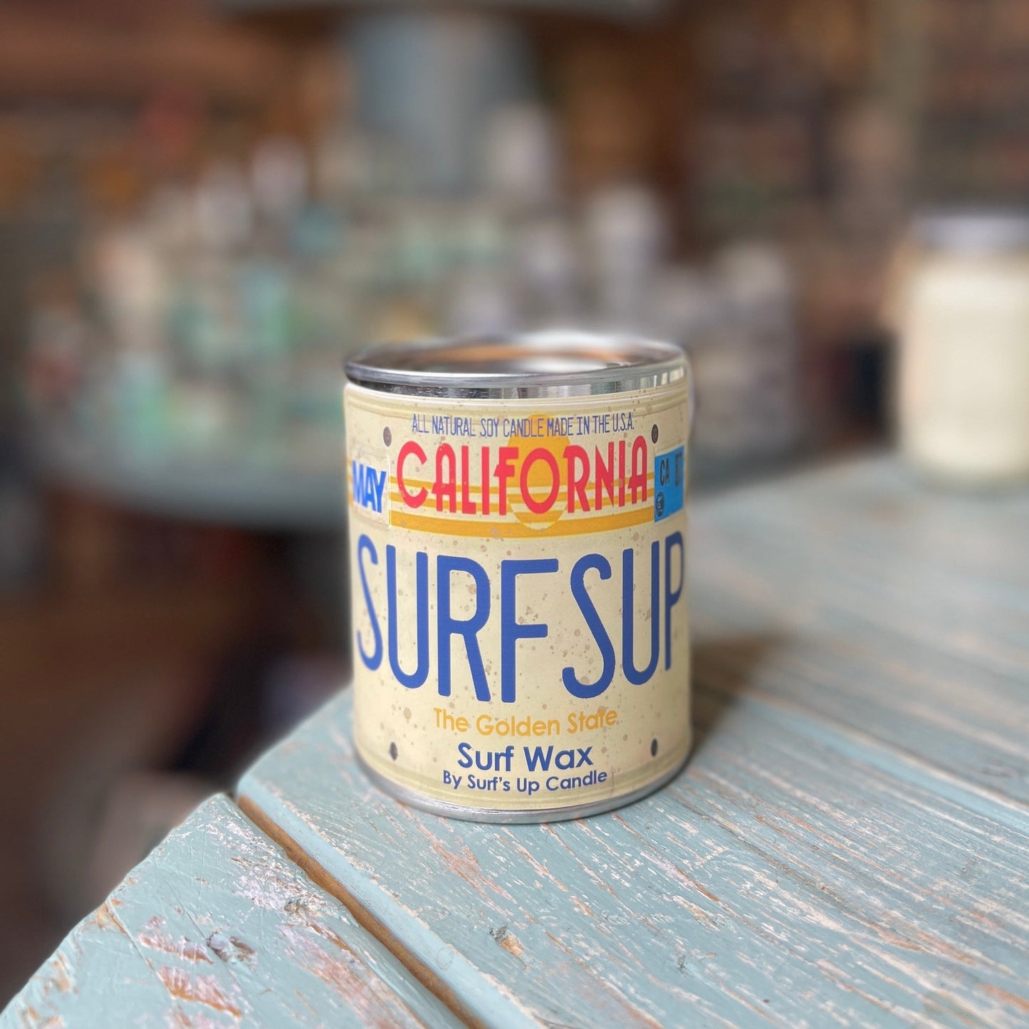 California License Plate Surf Wax Paint Can Candle