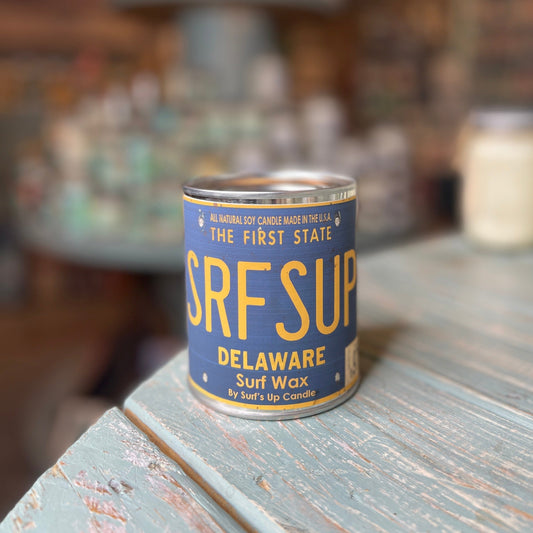 Delaware License Plate Surf Wax Paint Can Candle