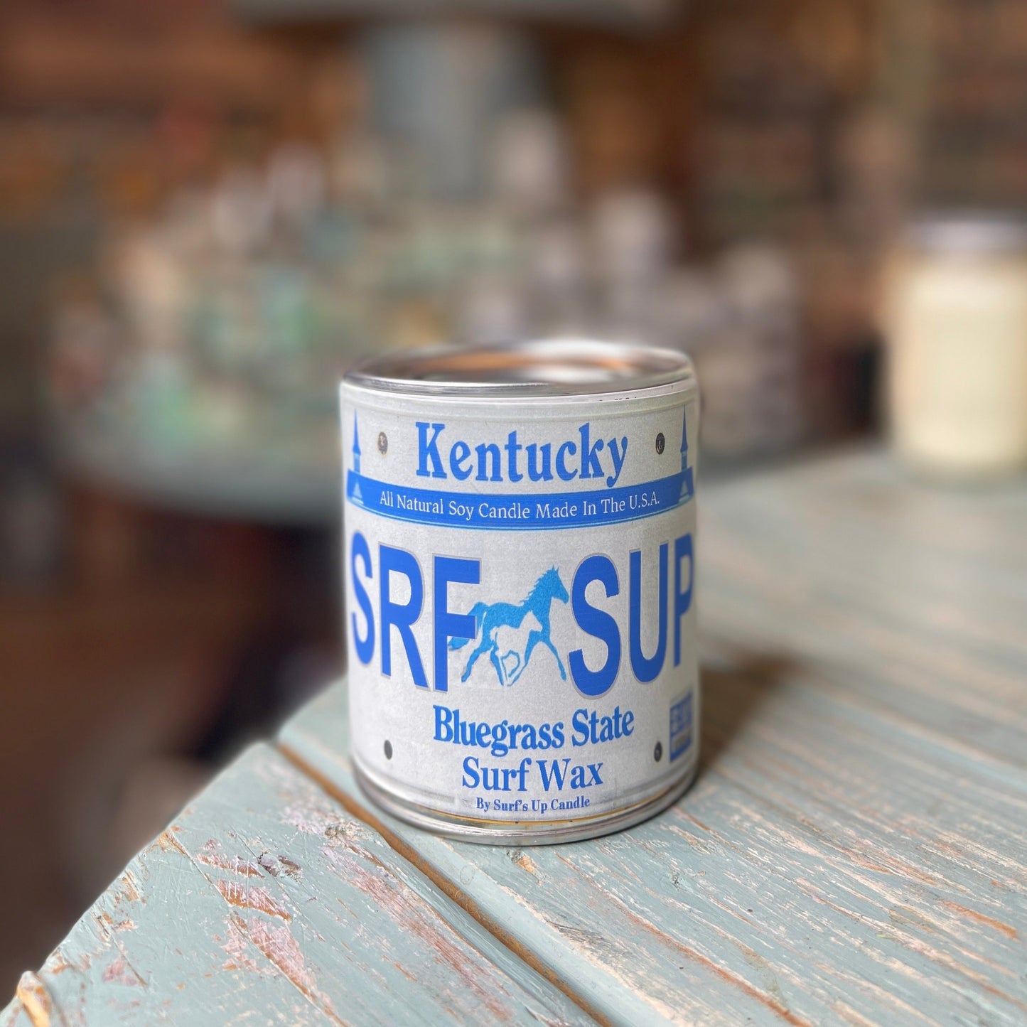Kentucky License Plate Surf Wax Paint Can Candle