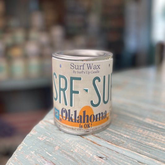 Oklahoma License Plate Surf Wax Paint Can Candle